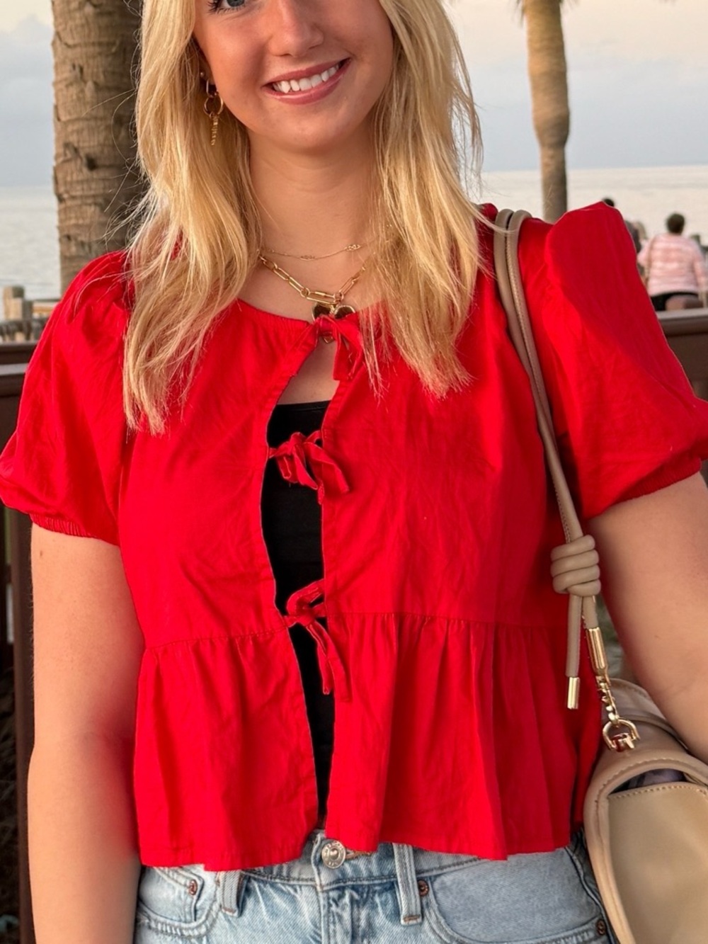 Women's Red Tie-Front Short Sleeve Top
